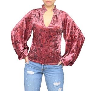 Free People Red Velvet Boho Peasant Top Bishop Sleeve Blouse size XS